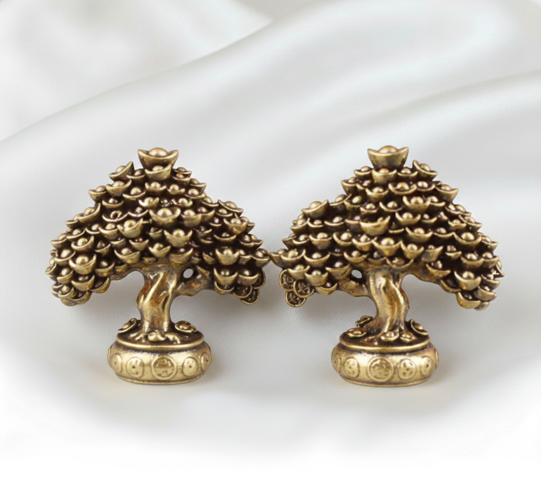 1Pc Retro Brass Fortune Money Tree Ornament – Feng Shui Ingot Wealth Tree Desktop Sculpture for Home & Office Decor