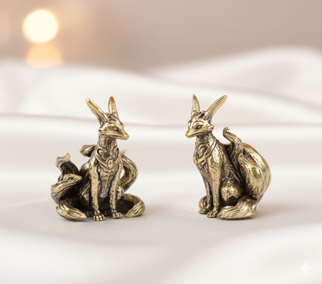 Brass Nine-Tailed Fox Statue – Mystical Fox Spirit Figurine, Zen Desk Decor & Mythology Collectible Gift