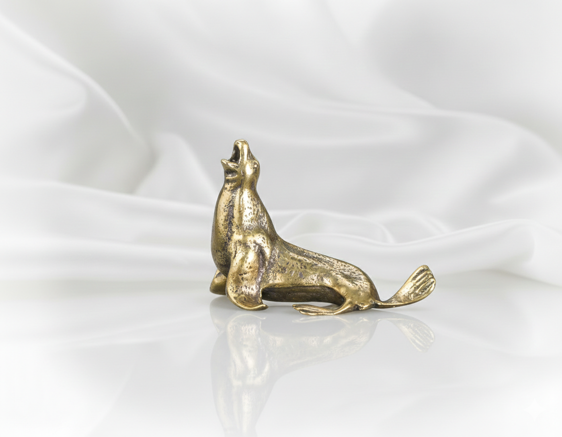 1 PC Mini Brass Sea Lion Figurine – Retro Metal Animal Desktop Ornament, Tea Pet Craft, Home & Office Decoration (4.5cm, 28g)