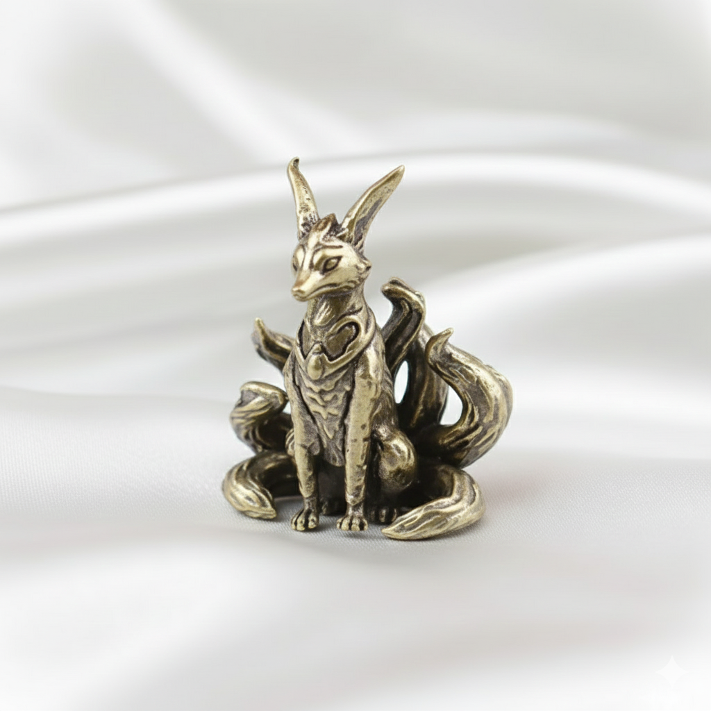 Brass Nine-Tailed Fox Statue – Mystical Fox Spirit Figurine, Zen Desk Decor & Mythology Collectible Gift