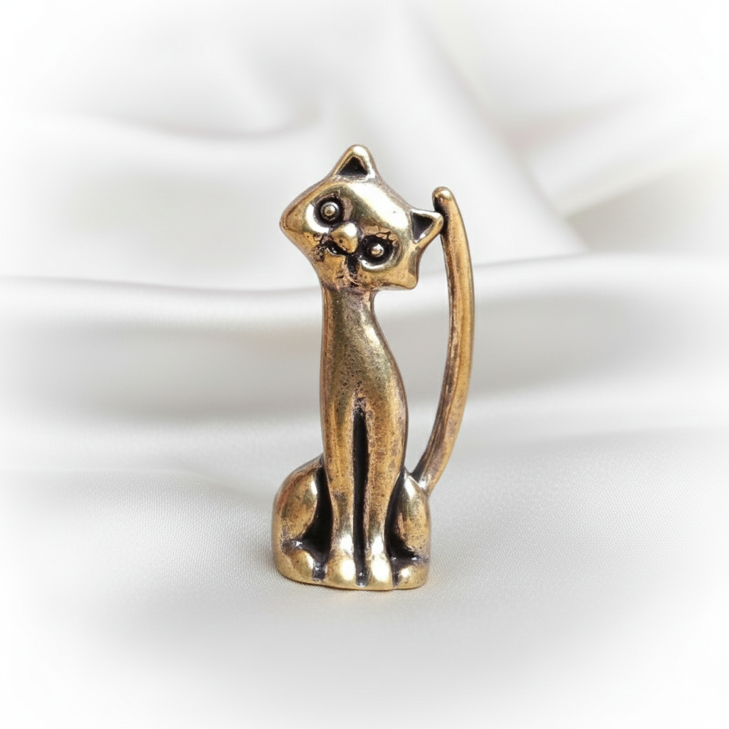 Handcrafted Brass Cat Figurine Incense Burner – Mini 1 pc Copper Kitten Statue, Cute Animal Desktop Ornament for Home & Office Décor, Cat Lover Gift