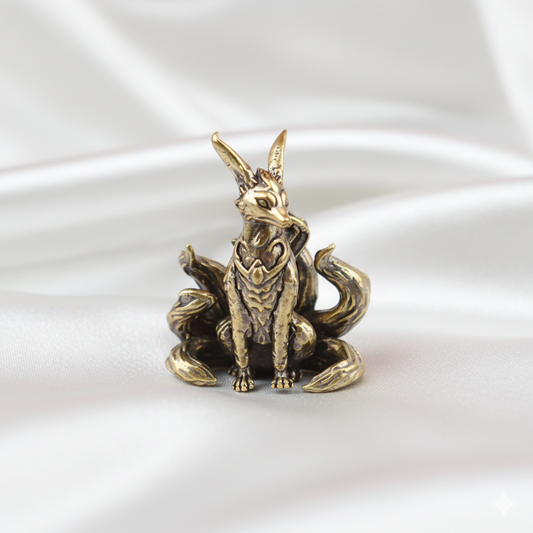 Brass Nine-Tailed Fox Statue – Mystical Fox Spirit Figurine, Zen Desk Decor & Mythology Collectible Gift