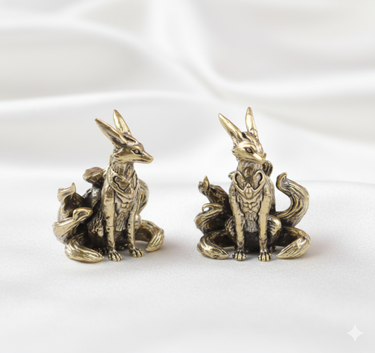 Brass Nine-Tailed Fox Statue – Mystical Fox Spirit Figurine, Zen Desk Decor & Mythology Collectible Gift