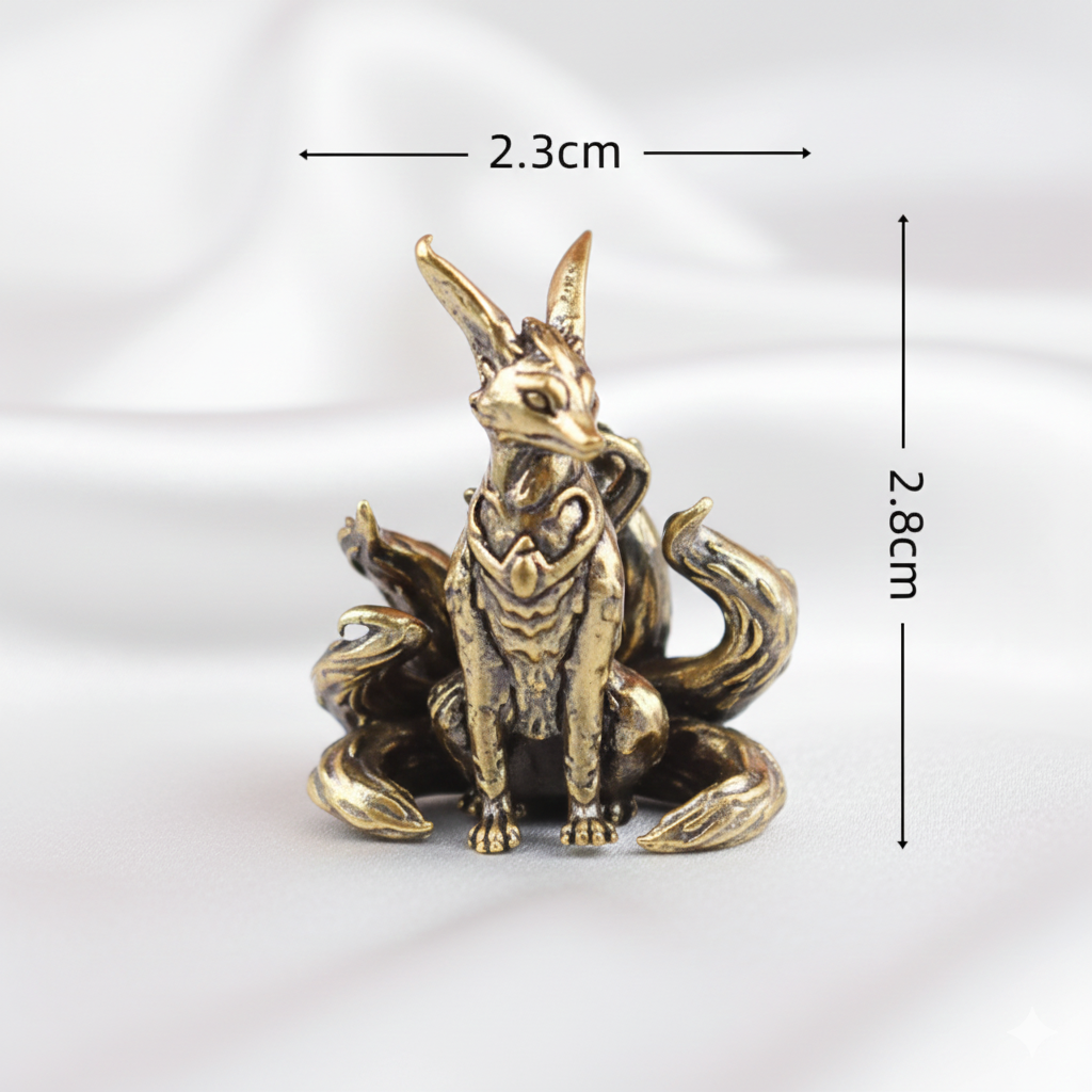 Brass Nine-Tailed Fox Statue – Mystical Fox Spirit Figurine, Zen Desk Decor & Mythology Collectible Gift