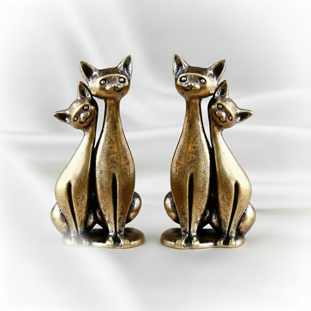 1 pc New Brass Double Cat Sculpture – Cute 1Anime Cat Ornament, Mini Brass Animal Figurine for Home, Desk, Living Room & Office Decor