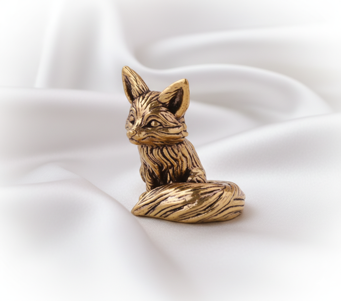 1 pc Cute Brass Fox Statue Miniature Figurine – Copper Animal Sculpture Desk Decoration, Home & Office Decor Craft (3.3cm / 1.3in)