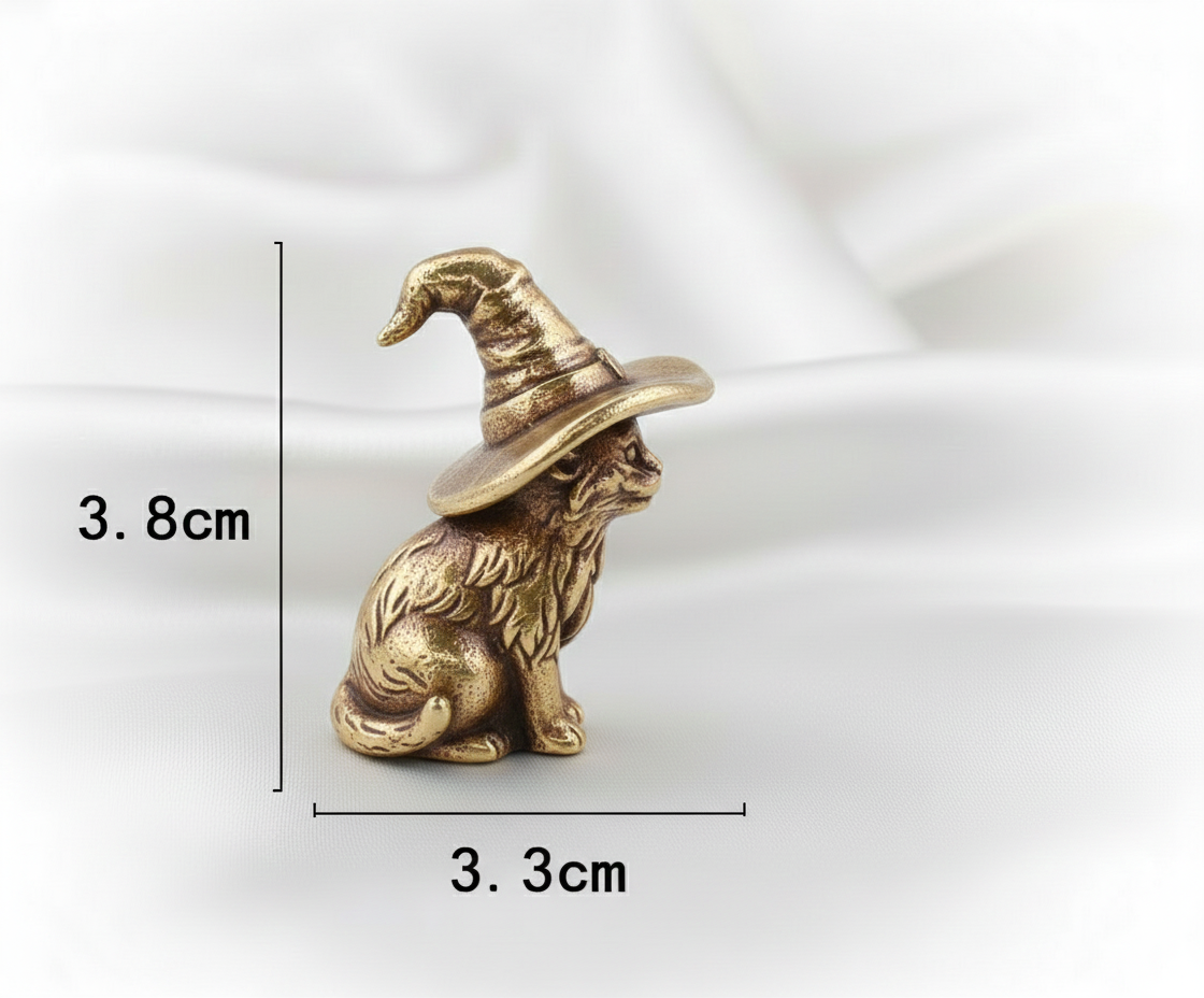 1 pc Cute Sorcerer Cat Mini Statue – Solid Brass Kitten Figurine, Retro Animal Ornament, Creative Witch Cat Home Décor, Small Collectible Gift