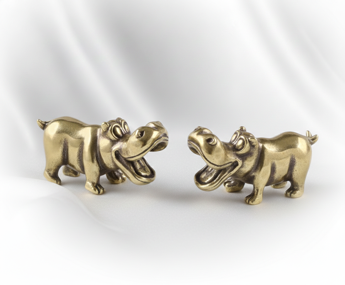Happy Little Hippopotamus Brass Ornament | Mini Animal Metal Figurine Desk Home Decoration
