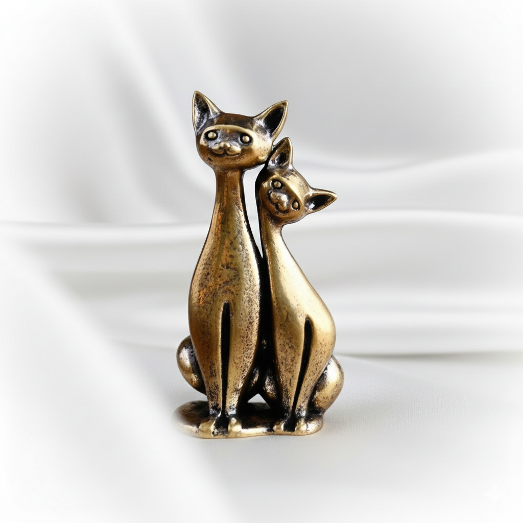 1 pc New Brass Double Cat Sculpture – Cute 1Anime Cat Ornament, Mini Brass Animal Figurine for Home, Desk, Living Room & Office Decor