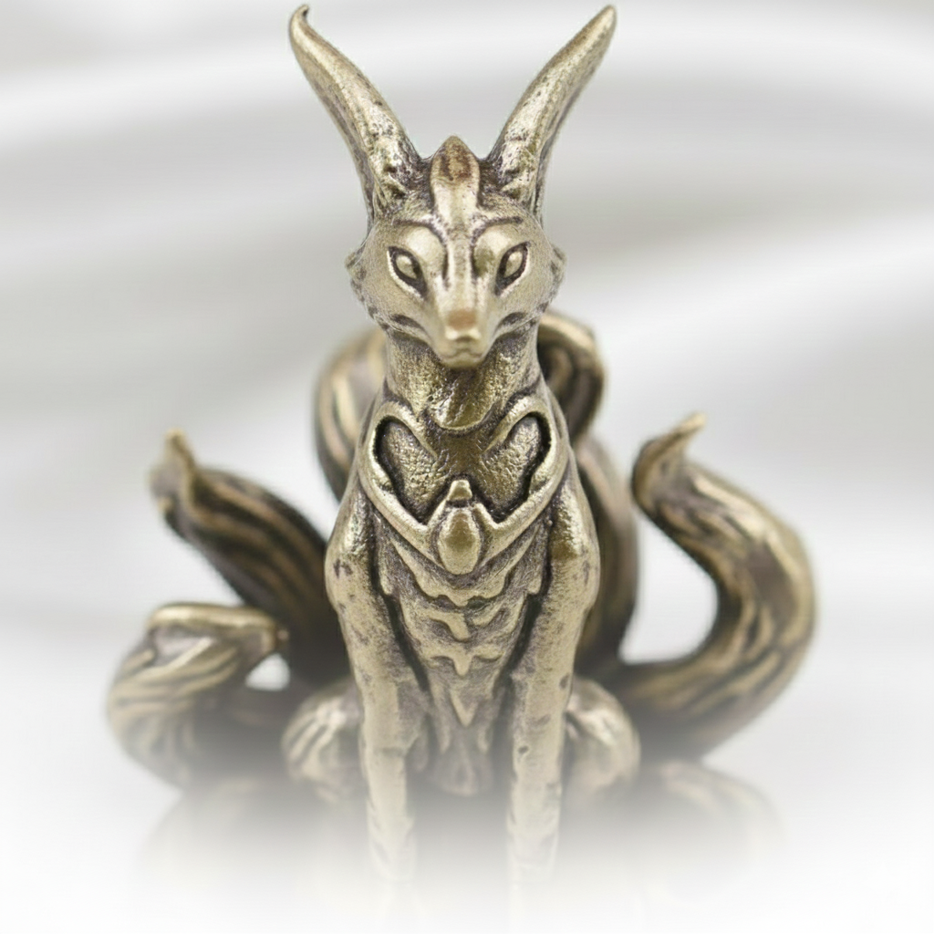 Brass Nine-Tailed Fox Statue – Mystical Fox Spirit Figurine, Zen Desk Decor & Mythology Collectible Gift