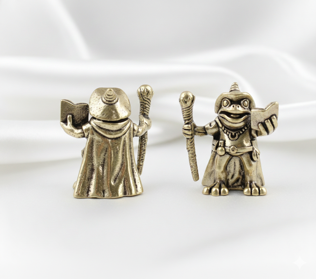 1 Pc Brass Frog Wizard Figurine with Magic Book – Mini Fantasy Desktop Sculpture, Enchanting Animal Desk Decor, Collector’s Gift (2.8–3.1 cm)
