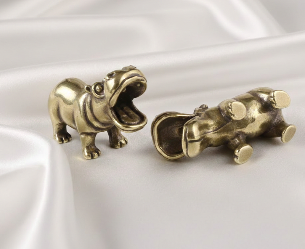 Happy Little Hippopotamus Brass Ornament | Mini Animal Metal Figurine Desk Home Decoration