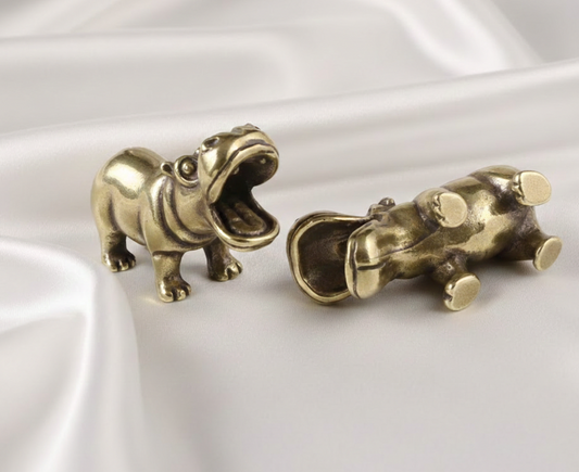 Happy Little Hippopotamus Brass Ornament | Mini Animal Metal Figurine Desk Home Decoration