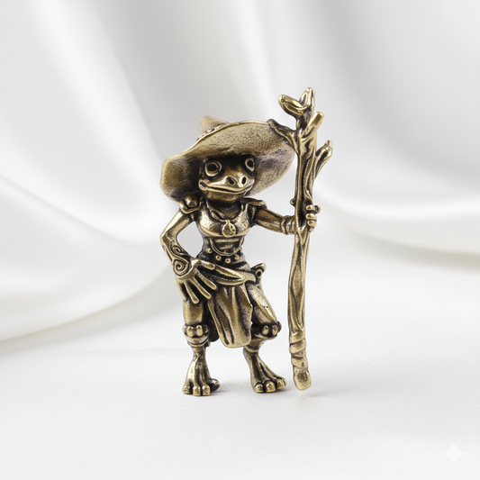 1 Pc Vintage Brass Frog Wizard Statue – Mini Metal Frog Mage Figurine, Cute Fantasy Desktop Ornament, Home & Office Decor, Car Dashboard Collectible