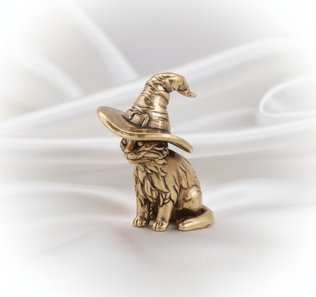 1 pc Cute Sorcerer Cat Mini Statue – Solid Brass Kitten Figurine, Retro Animal Ornament, Creative Witch Cat Home Décor, Small Collectible Gift