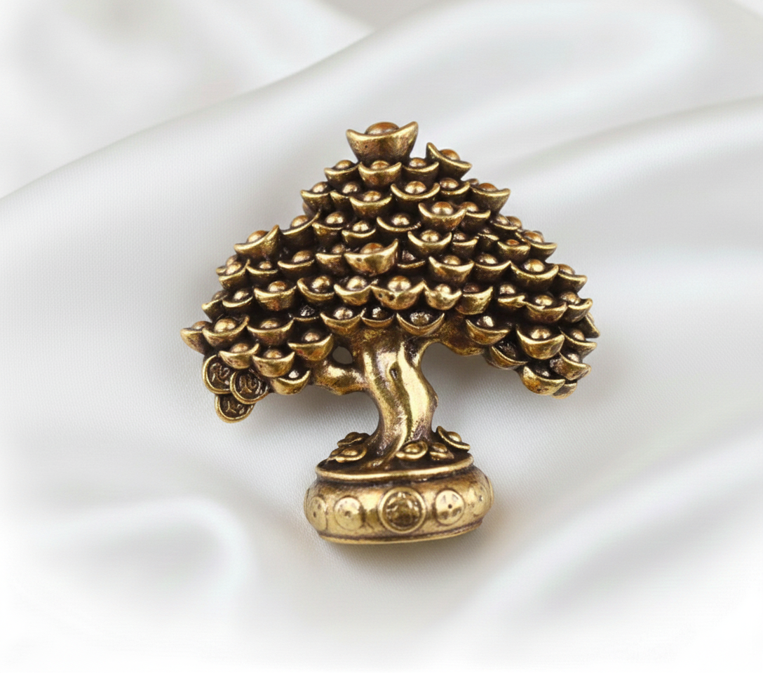 1Pc Retro Brass Fortune Money Tree Ornament – Feng Shui Ingot Wealth Tree Desktop Sculpture for Home & Office Decor
