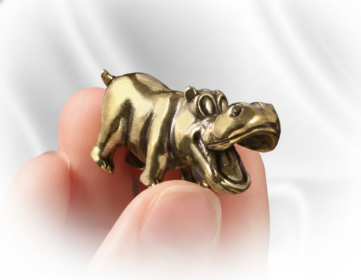 Happy Little Hippopotamus Brass Ornament | Mini Animal Metal Figurine Desk Home Decoration